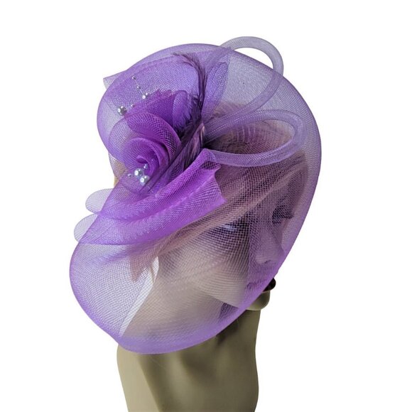 Purple Fascinator Soft Sinamay Crinoline with Loops Bows and Pearl Accents - Picture 1 of 9